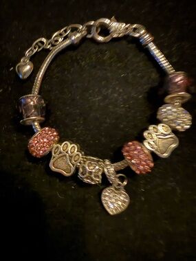 Silver Paw & Heart Charm Bracelet with Pink Crystal Accents